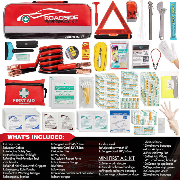 127-Pieces Roadside Car Emergency Kit Include Mini First Aid Kit, Jumper Cables,Tow Rope, Bandage, Safety Vest, Emergency Triangle, All in One Pack