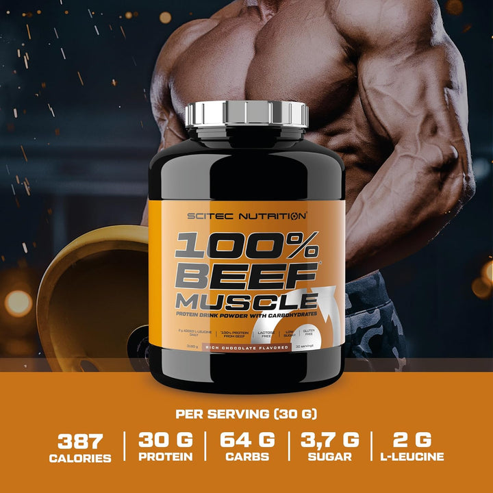 100% Beef Muscle, Flavored Protein Drink Powder with Carbohydrates, L-Leucine and Sweeteners, Lactose Free, Gluten Free, Low Sugar, 3180 G, Chocolate