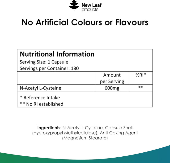 NAC N-Acetyl-Cysteine 600Mg Capsules N-Acetyl Cysteine Nutritional Supplements 180 NAC Capsules - Nac Supplement High Bioavailability Amino Acid - Vegan Friendly - Made in UK by New Leaf