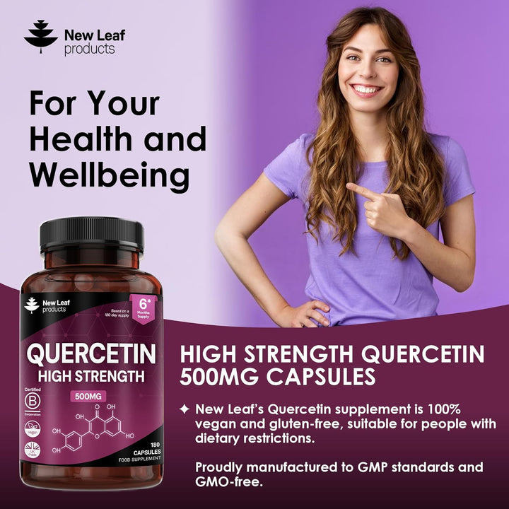 Quercetin 500Mg High Strength Antioxidant Supplements (6 Months Supply) 180 Vegan Pure Quercetin Capsules Easy to Swallow - One a Day - Gluten Free & Non-Gmo, Made in UK by New Leaf