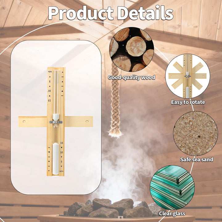 Sauna Timer, 360-Degree Rotating 15 Minute Sand Timer with White Grit Heat Resistant Wall Mounted Sauna Clock Accessories for Spa Classroom Gym Yoga Studio