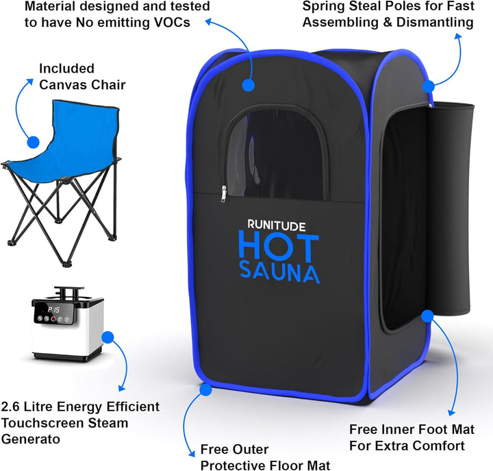 Portable Sauna Steam Tent | Full Size Home Personal Sauna Steam Detox Room | Infrared Touchscreen 1000W 2.6 Litre Generator | Including Chair & 2X Protective Floor Mats | Men & Women