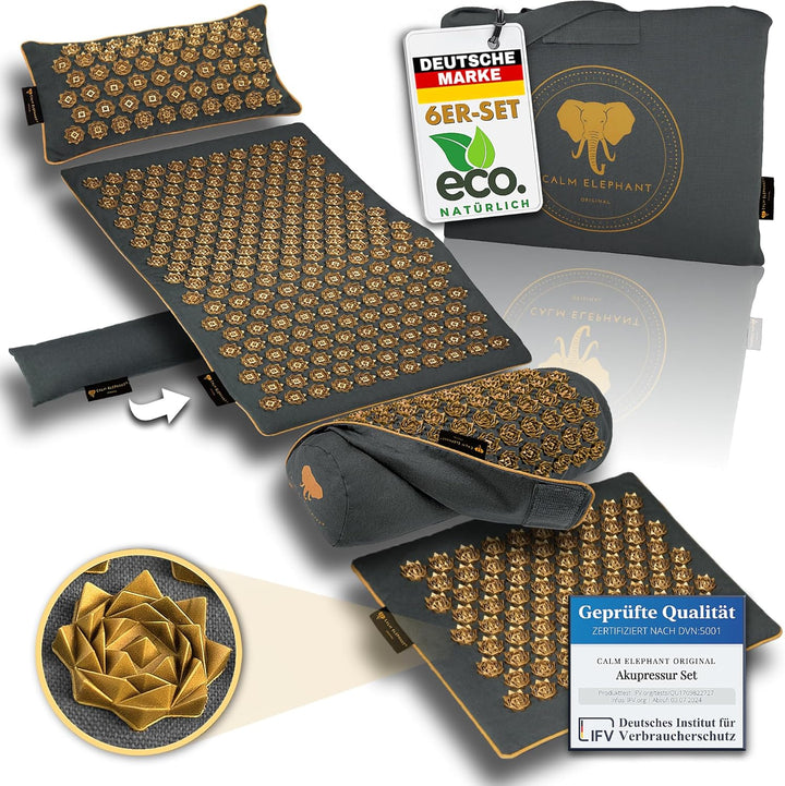 Genuine XXL Acupressure Mat 5-Piece Set with Ergonomic Pillow, Lumbar Pillow, Foot Mat, Bag – Relieves Back, Neck & Shoulders, Reduces Stress, Meditation - Beige