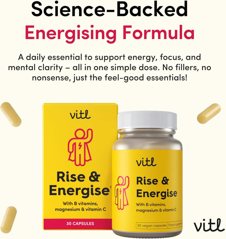 Rise & Energise Energy Boosting Supplement - 30 Vegan Capsules - with B Vitamins, Vitamin C & Korean Ginseng - Tiredness & Fatigue Fighting Minerals to Normalise Energy Metabolism