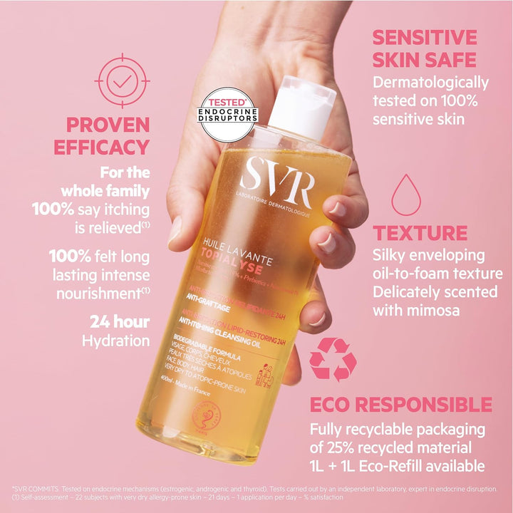 SVR TOPIALYSE All over Micellar Shower Oil, Moisturising Eczema Body Wash, 24Hr Hydration Emulsifying Soothing Bath Oil for Very Dry, Sensitive Skin, from Newborn and Up