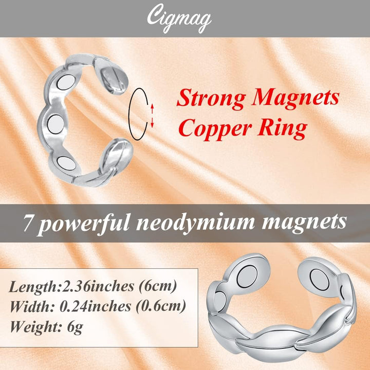 Lymphatic Drainage Magnetic Rings for Women - Copper Ring Finger Thumbs 7X Strength - Adjustable Solid Pure Copper with Present Box (Silver)