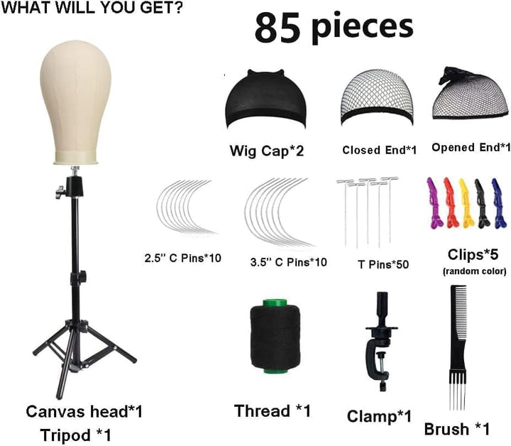 23 Inch Canvas Mannequin Head Block for Wig Making & Display, Tripod Stand with Wig Caps, T & C Pins Set, Bristle Brush