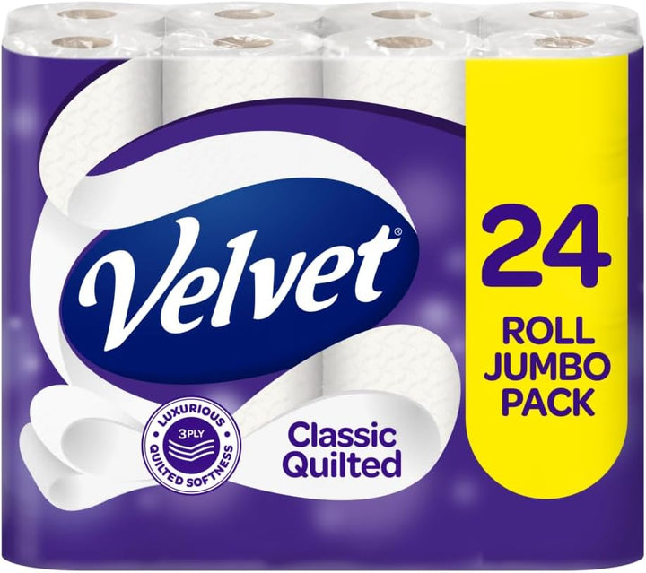 Classic Quilted Toilet Tissue 24 Rolls - Luxuriously Soft, Strong and Absorbent Toilet Roll - Jumbo Bulk Pack 24 Rolls - 3-Ply - White