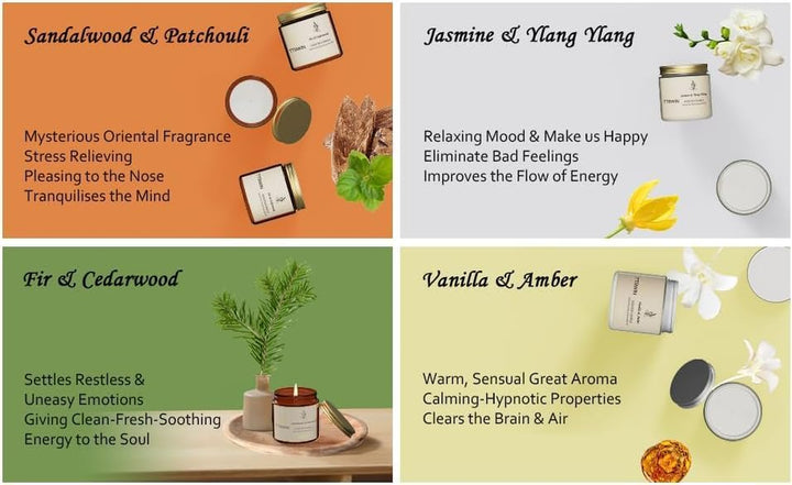 Scented Candles Gift Set, 4 Pack Natural Soy Candles: Jasmine & Ylang Ylang, Sandalwood & Patchouli, Fir & Cedarwood, Vanilla & Amber, Aromatherapy Gift for Christmas Birthday