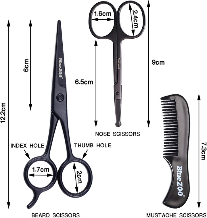 Beard Scissors/Nose Scissors/Mustache Comb Multi Functions Grooming Kit Gift Set Beard Trim Scissor Kit Trimming Nasal Hair for Men with Storage Bag (Black)