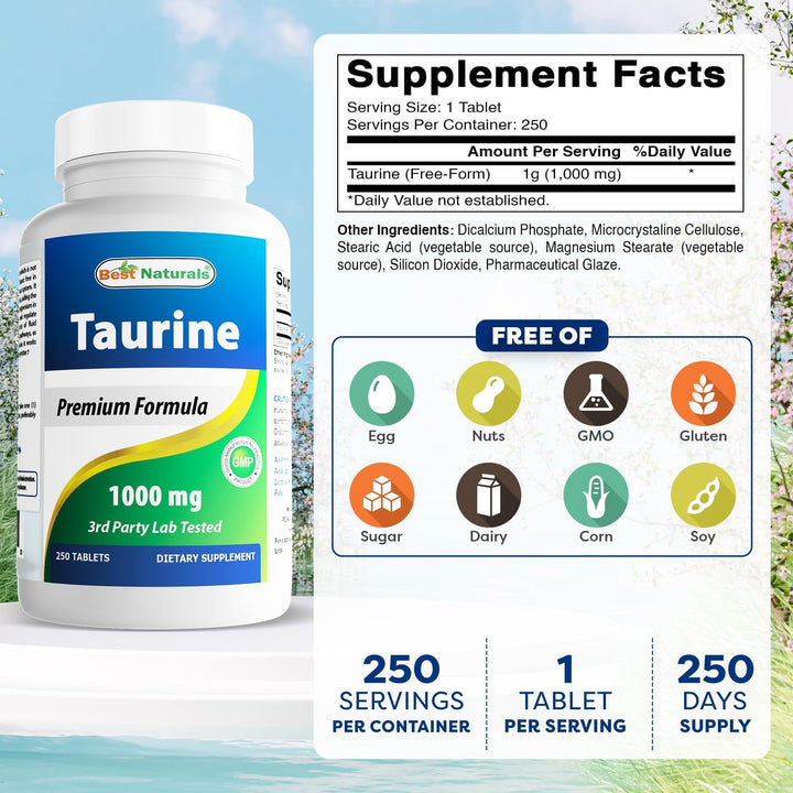 Taurine 1000 Mg Tablet, 250 Count (250 Count (Pack of 1))