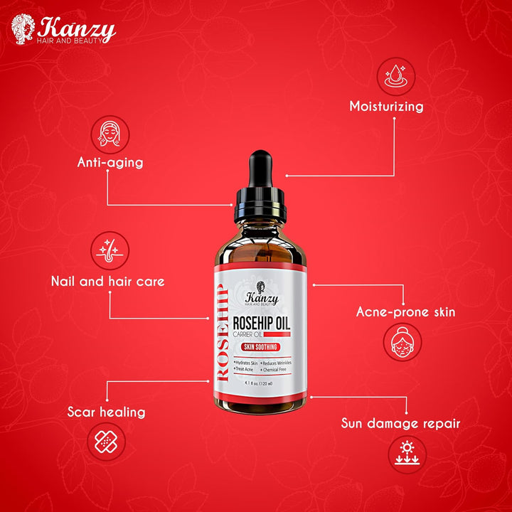 Kanzy Rosehip Oil for Face 120Ml Rosehip Oil Organic Cold Pressed Rose Hip Oil for Face 100% Pure Vegan Cruelty Free for Skin, Hair, Nails, and Body for Nourishment, Dryness, Fine Lines and Scars
