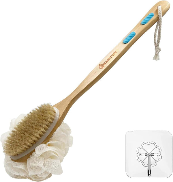 Back Scrubber 43Cm Long Wooden Handle, Double-Sided Shower Brush with Stiff Bristles and Loofah Exfoliates and Massages Skin, Ideal for Men and Women