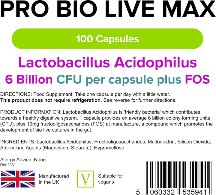 - Pro Bio Live Max 6 Billion CFU Capsules - 100 Pack - UK Made - Contributes to a Healthy Gut and Supports Digestion - Probiotic Vegetarian Capsules - Letterbox Friendly, Vegan