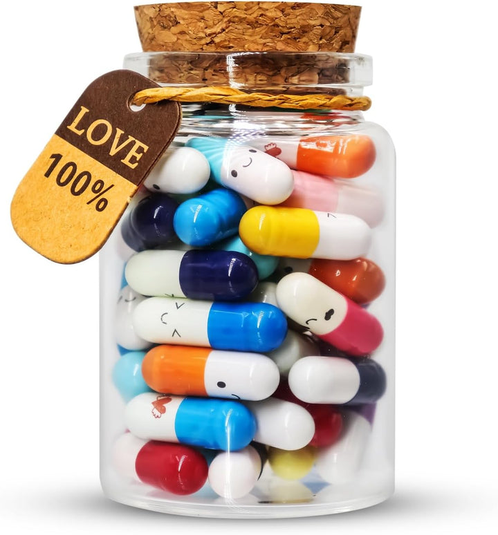 Capsule Letters Message in a Glass Bottles, 50Pcs Cute Smiling Face Love Friendship Letter Color Pill with Wishing Bottle, Message Pills for Boys Girls Friends Family