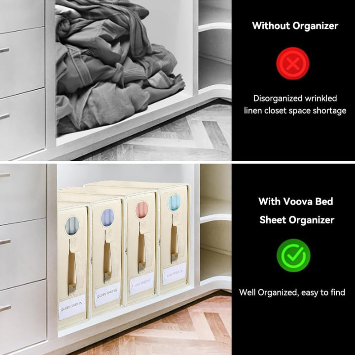 4 Pack Foldable Bed Sheet Organiser Storage, Folding Bedding Organizer Box with Clear Window and Zip for Sheets, Duvet Covers, Blankets, Pillows, Clothes and Towels(Queen & King Size), Apricot