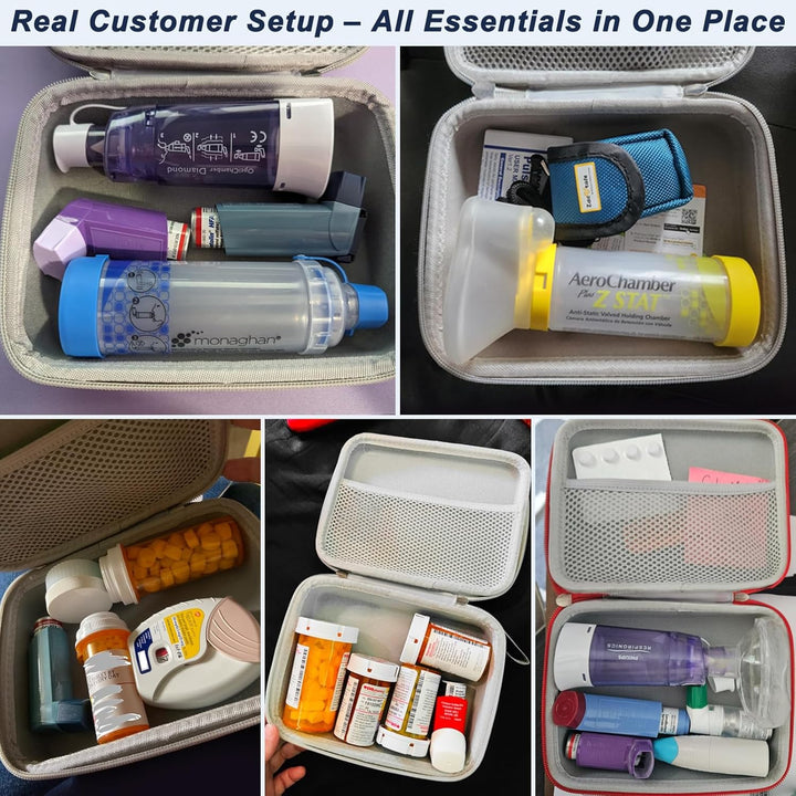 Asthma Medications Case, Hard Travel Case for Inhaler Spacer, Inhaler Mask, Pills, First Aid Supplies, Red
