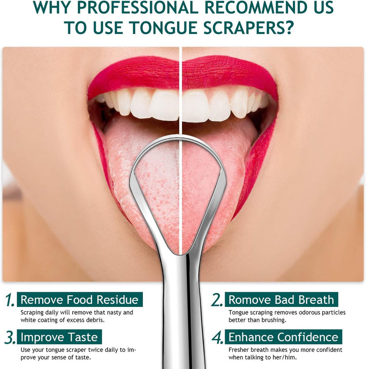 Tongue Scraper (2 Pack), Wide-Head Tongue Cleaner with Nice Carrying Box,  100% Stainless Steel Tongue Scrapers Cleaners, for Men, Women, Adults, Kids, Silver