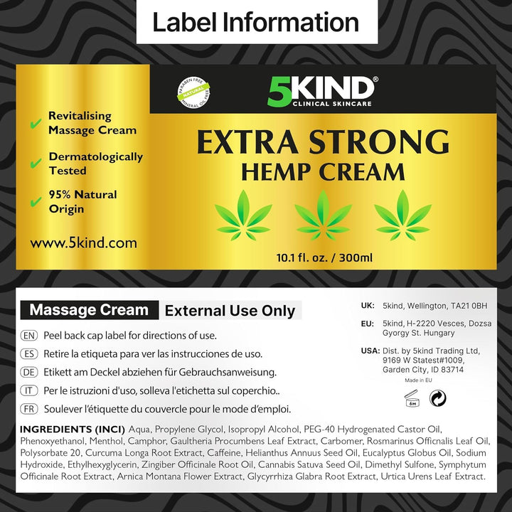Extra Strong Hemp Cream 300Ml - High Strength Hemp Oil and Arnica Cream - for Massaging Joints & Muscles, Lower Back, Feet, Knees, Neck & Shoulders - Rich in Natural Extracts