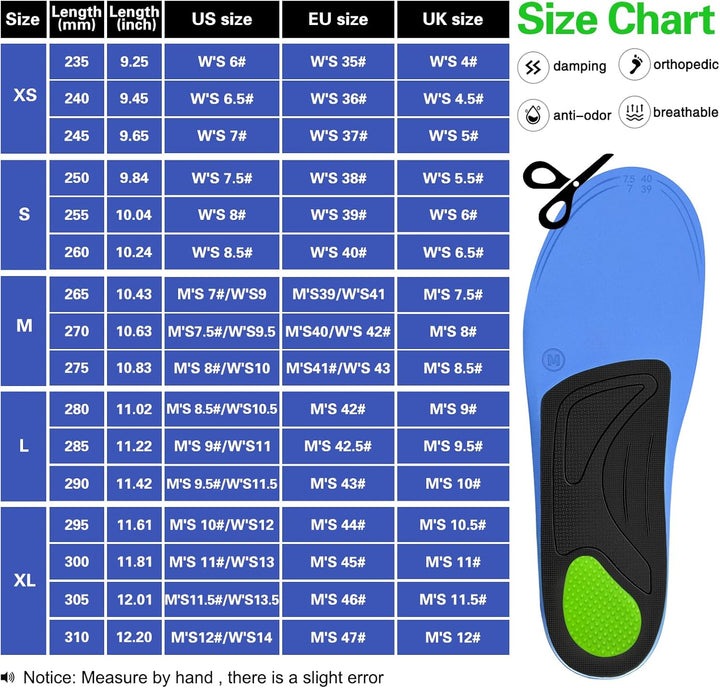 Orthotic Insole,Arch Support for Insole,Plantar Fasciitis Insole,Trimable Size,For over Pronation,Metatarsalgia,Flat Feet,Heel Pain, Insoles for Men and Women (S (UK W'S5.5-6.5,EU W'S38-40))