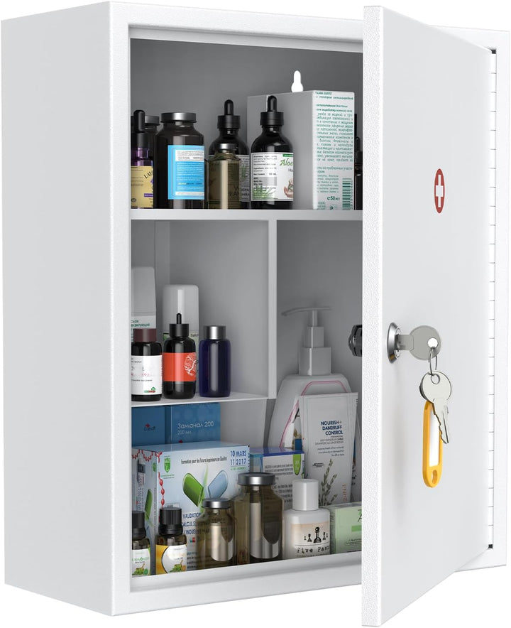 Wall Mount Medicine Cabinet with Combination & Key Lock Locking First Aid Cabinet Lockable Medical Large Capacity Medicine Organizer Secure Steel Wall Metal Storage Box, White