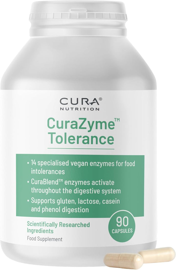 CURAZYME Tolerance (30 Capsules) Food Intolerance Digestive Enzymes Supplement for Gut Health Support, Broad Spectrum Enzyme Complex for Bloating, Heartburn, Digestion Relief, Vegan