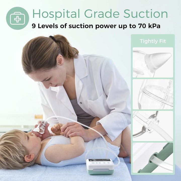 Nasal Aspirator for Baby, 【Hospital-Grade】 70 Kpa Strong Suction & 9 Suction Levels Nose Sucker, Electric Nose Cleaner for Toddler & Newborn, Soothe Light & Lullabies, BPA Free Silicone Tips