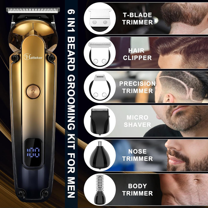 Beard Trimmer Kit Professional Hair Clipper with Zero Gapped T-Blade Electric Razor Shaver for Nose Ear Beard Body Trimmer for Men Waterproof Cordless Grooming Kit 6 in 1