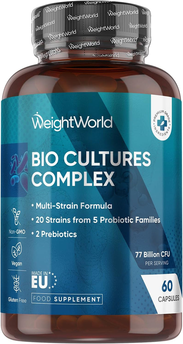 Bio Cultures Complex Probiotics and Prebiotics - 77 Billion CFU - 20 Live Cultures - 60 Capsules - Strains like Lactobacillus Acidophilus & Casei - Prebiotic and Probiotic Supplements for Women & Men