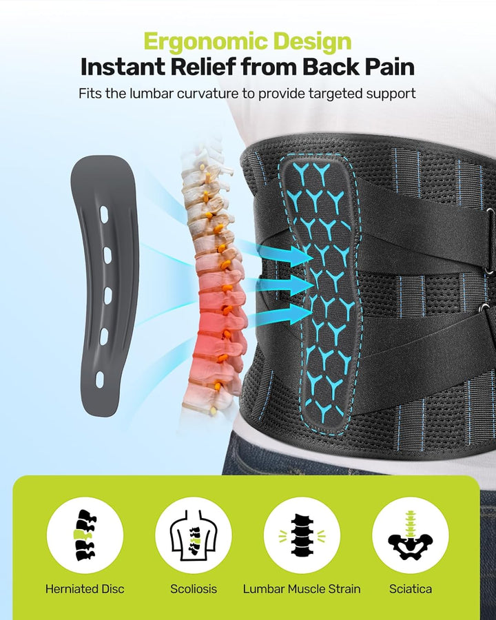 Back Support Belt for Lower Back Pain Relief with 7 Stays, Adjustable Back Brace Support for Work, Heavy Lifting, Lumbar Support Belt for Sciatica Scoliosis (Blue, M)