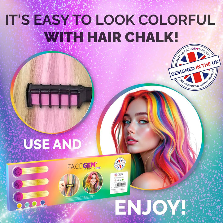 12 Hair Chalks Comb, 12 NEON & METALLIC Hair Chalk, Non-Toxic Easy Washable Hair Dye Colourful, METALLIC & NEON Hair Chalk -Perfect for Festivals, Halloween, Party, Hair Chalks for Girls