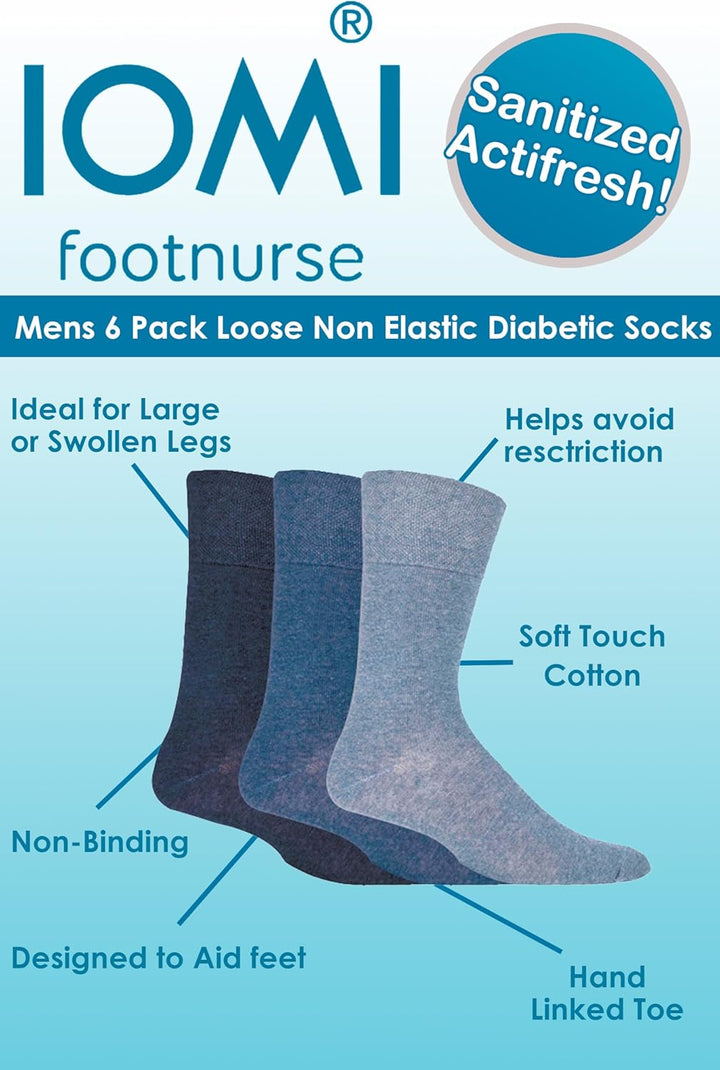 Footnurse | Mens 6-Pack Loose Non-Elastic Diabetic Socks with Hand Linked Toes Seams | 5 Colours