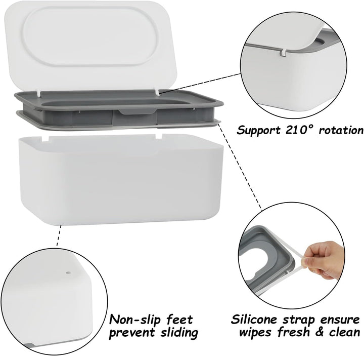 Wipes Dispenser, Wipe Holder for Baby & Adult,  Refillable Wipe Container, Keeps Wipes Fresh, One-Handed Operation. Non-Slip, Easy Open/Close Wipes Pouch Case, Grey