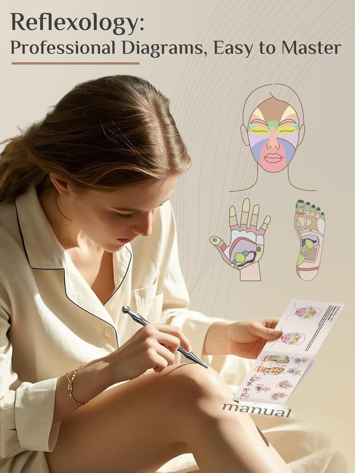 Stainless Steel Gua Sha and Acupuncture Pen, Manual Reflexology Tools for Muscle Tension and Pain Relief, Acupressure Pen and Gua Sha Set with Reflexology Chart, Easy to Use