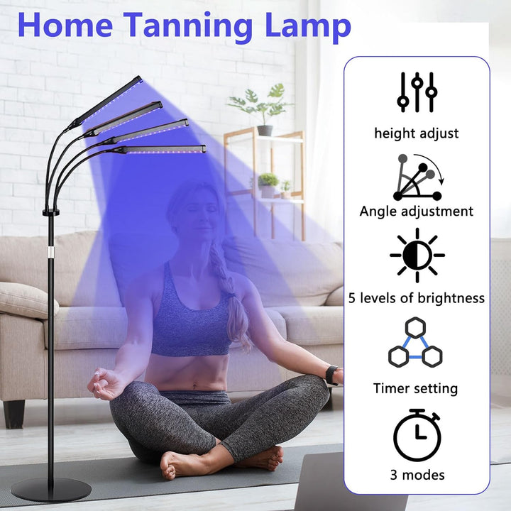 Tanning Lamp for Home with 660Nm & 850Nm Blue Light, 540Pcs Leds Tanning Lamp with 4 Lamp Heads, Adjustable Height and Angle, 3 Modes, 5 Brightness Levels, Timer Setting, Sunbeds for Face and Body