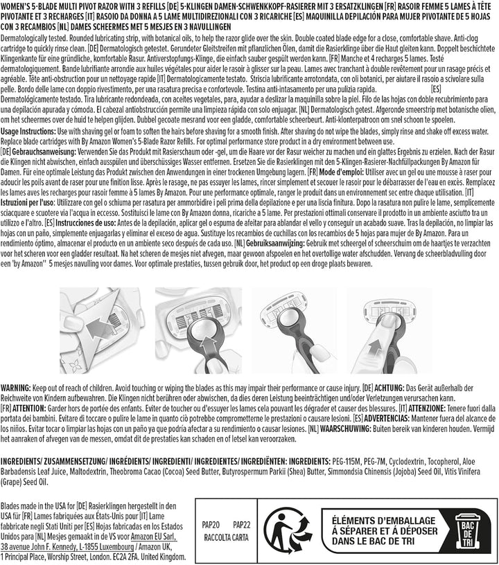 Women'S 5 Blade Razor with Multi Axis Pivot Handle + 3 Refills