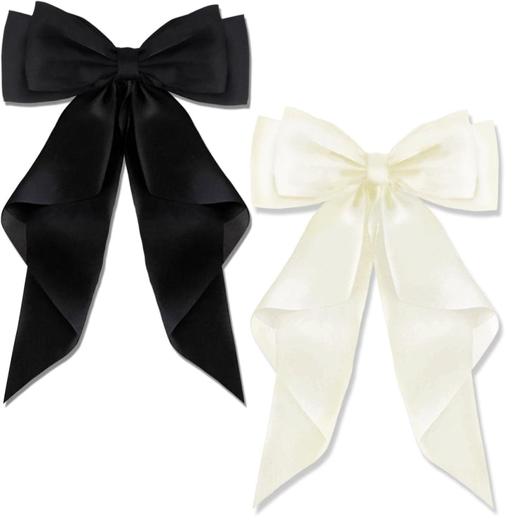 2 PCS Big Bow Hair Clips with Long Silky Satin, Solid Color French Barrette Simple Hair Fastener Accessories for Women Girls