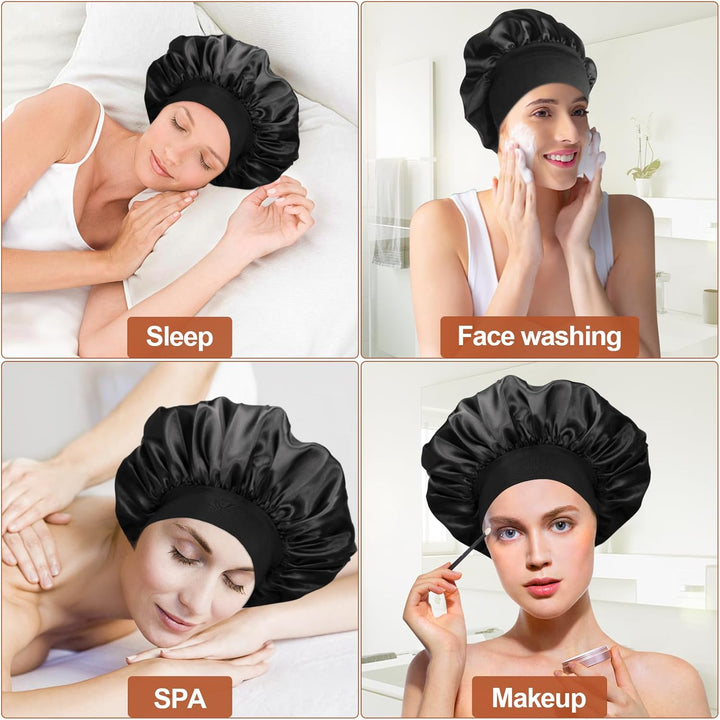 Silk Bonnet, Bonnets for Women, Satin Bonnet Hair for Sleeping, Silk Sleep Cap for Curly Hair Women, Soft and Comfortable for Night Sleep Curly Hair Protection (Black)