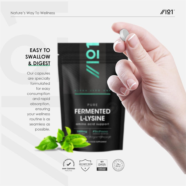 Fermented L-Lysine 1000Mg with Bioperine® - 60 Vegan Tablets - High Strength Amino Acid Supplement – Resealable and Recyclable Pouch by