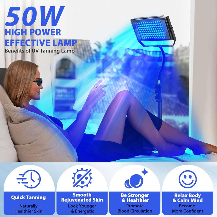 50W Tanning Lamp for Home, Dual Mode, 5 Brightness Levels, Full Body & Face Solarium Light with Adjustable Tripod, for All Skin Tones