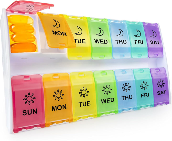 7 Day Pill Organiser 2 Times a Day, Weekly Pill Box Push Button 2 in 1 Design, Large Tablet Box for Travel, BPA Free Daily Pill Case, Pill Boxes 14 Day for Vitamin/Fish Oil/Supplements/Medication