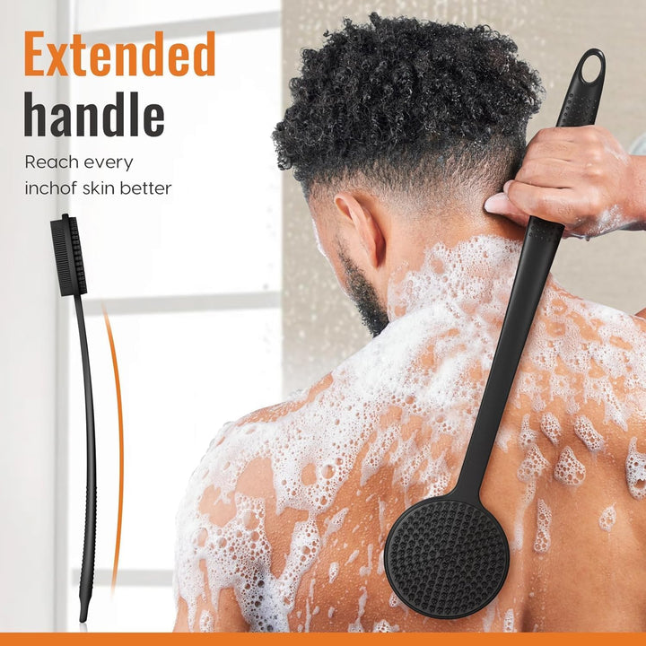 Silicone Body Scrubber for Shower with Long Handle, Double Sided Shower Brush for Shower Exfoliating and Massage Can Produce Rich Foam, Long Handle Back Scrubber for Men