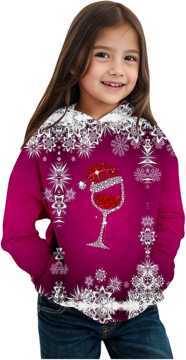 2025 Christmas Print Girls Hooded Sweatshirt Long Sleeve Pullover Top for Winter Holiday Festive Outfit Cozy Fleece Lined Soft Casual Wear