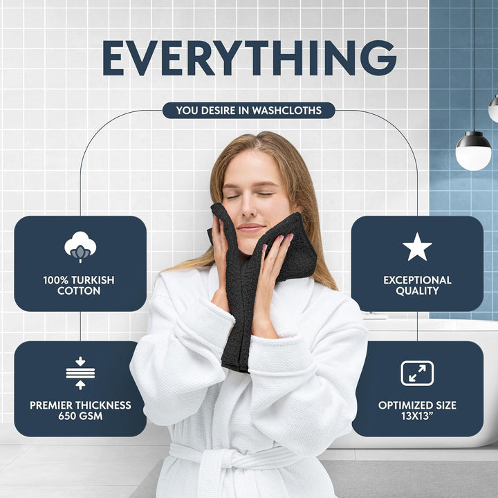 Luxury Cotton 12 Pc Flannel Set, Hotel Style Small Bath Towel and Face Cloth 33X33 Cm, Black Soft Plush Flannels Pack of 12, Thick High Absorbent Wash Clothes, Face Towels