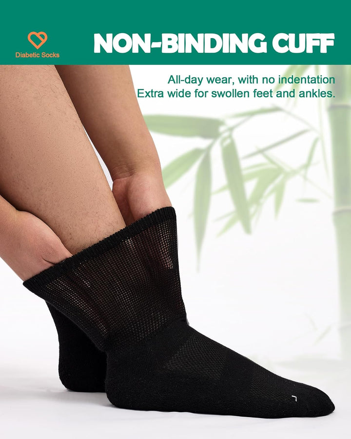 Bamboo Diabetic Socks for Men, Soft Top Cushioned Seamless Socks for Swollen Feet and Ankles, Loose Top Hospital Socks 3 Pairs