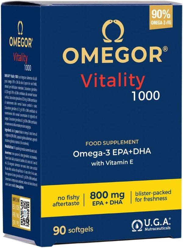 Omega 3 Capsules High Strength -  Vitality 1000 Omega3 Supplement with 535Mg EPA and 268Mg DHA for Heart, Brain and Eye Vision - No Fishy Aftertaste (90 Softgel Caps)