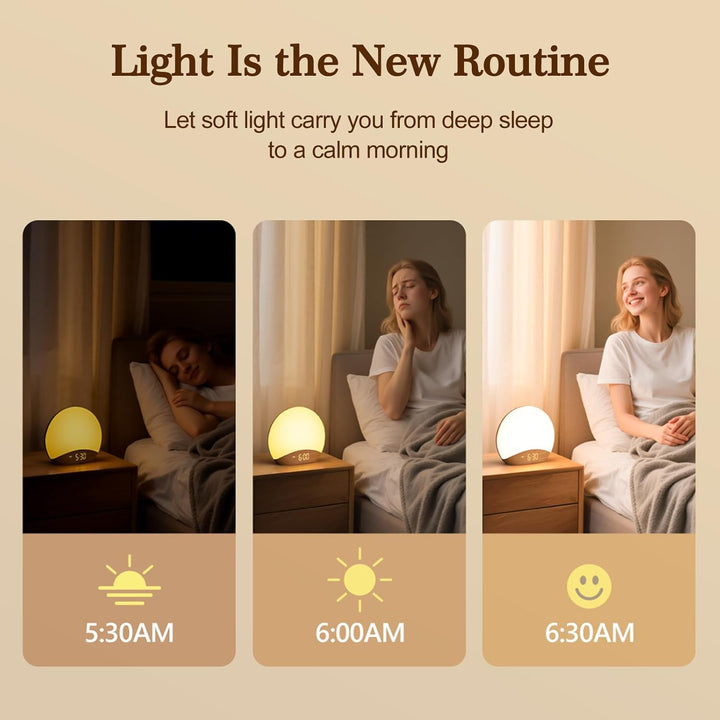 Wood Wake up Light Alarm Clock, Sunrise Simulation, Bedside Lamp, White Noise Machine, 8 Colors Nightlight, Digital Dimmable Clock, 26 Natural Sounds, Snooze, Sleep Timer for Kid, Adult