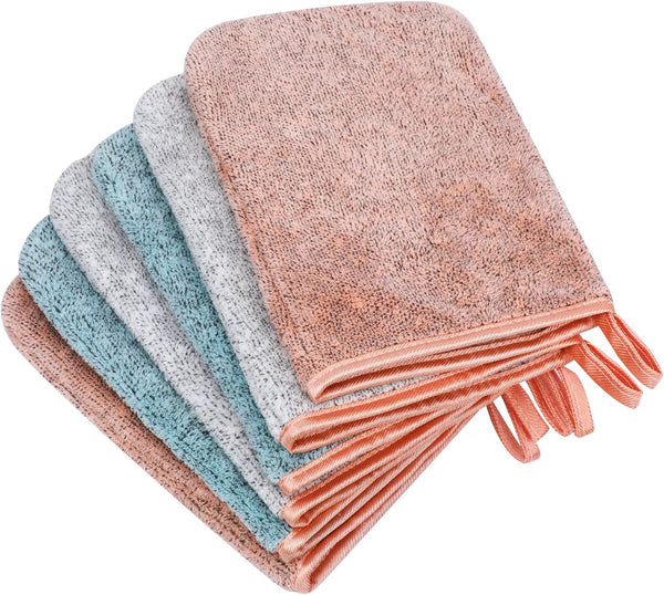 6 Pack Microfiber Body Wash Mitts, 6×8 Inch Super Absorbent & Soft Face Mitten, Coral Fleece Bath Spa Cloth, Reusable Makeup Remover Mitt Gloves, 3 Colors