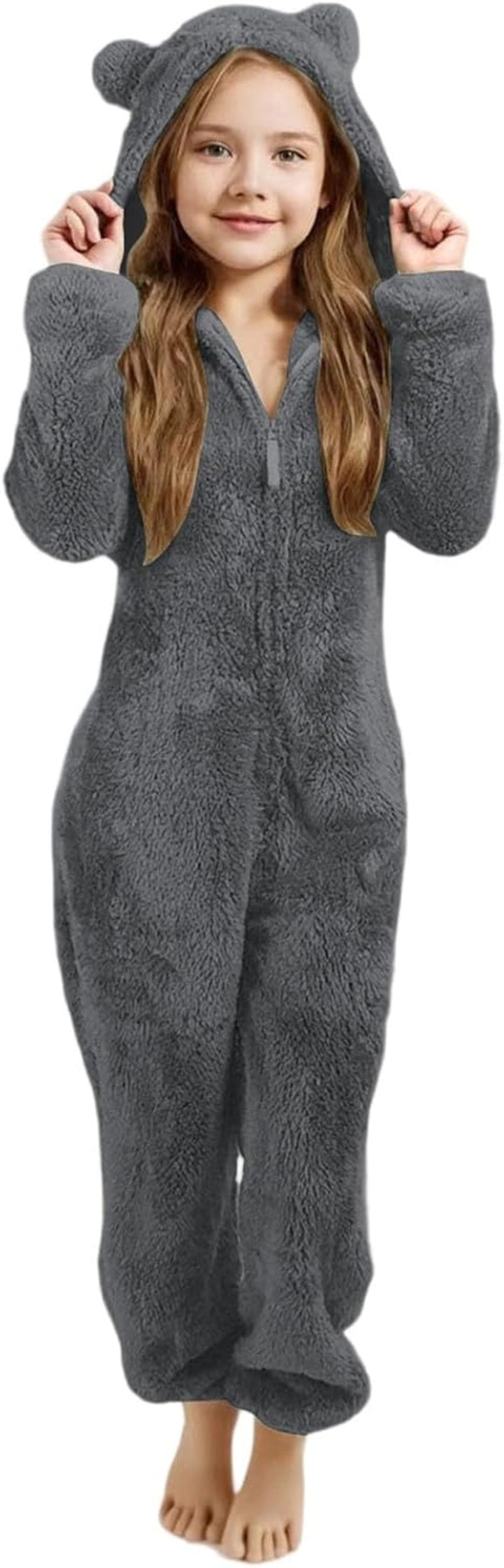 Girls Fleece Hooded Romper Jumpsuit with Ears Soft Warm Winter Pajamas Play Costume for Toddler Kids