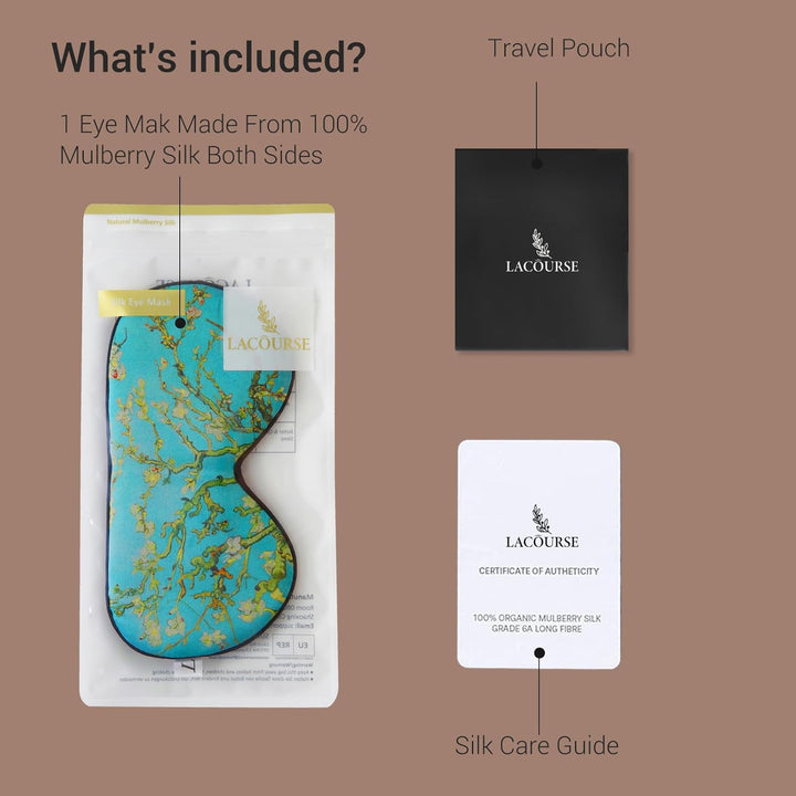 100% Natural Mulberry Silk Eye Mask for Sleeping with a Travel Pouch, Both Sides 19 Momme Organic Silk, Adjustable Sleep Eye Mask for Women, Green-Floral